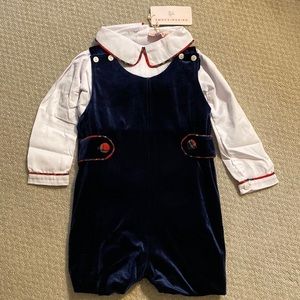 Classic navy romper and white shirt with Christmas plaid trim.